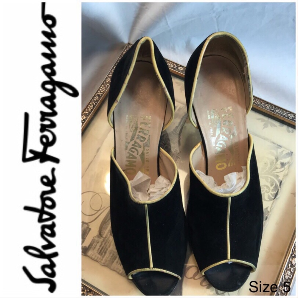 Vintage Salvatore Ferragamo Suede Peep Pumps